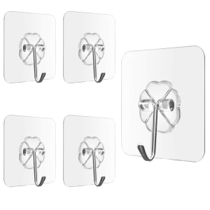 Set 5 Cuiere CCmax cu Autoadeziv Foarte Rezistent pentru Haine, Accesorii, Prosop, Halat, Inox/PVC, Transparent
